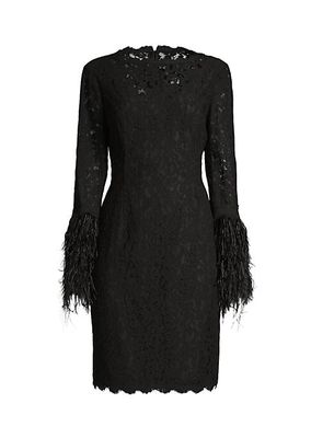 Feather-Trim Lace Sheath Dress