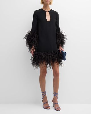 Feather-Trim Long-Sleeve Mini Dress