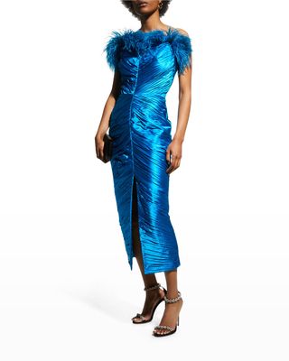 Feather-Trim Pleated Front-Slit Midi Dress