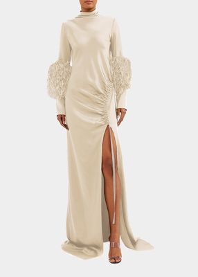 Feather-Trim Ruched Satin Bias Gown