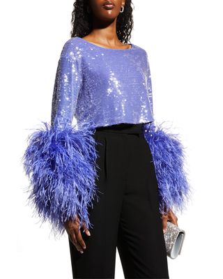 Feather Trim Sequin Cropped Top