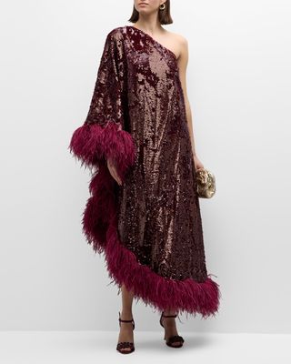 Feather-Trim Sequin One-Shoulder Midi Dress