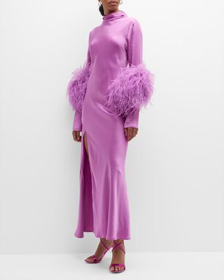Feather-Trim Thigh-Slit Satin Midi Dress