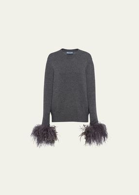Feathered-Cuff Cashmere Sweater