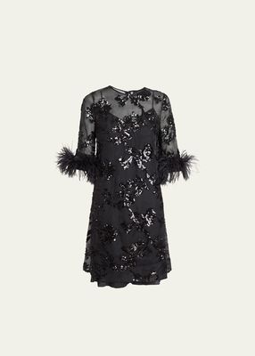 Feathered Floral Sequined Short Dress