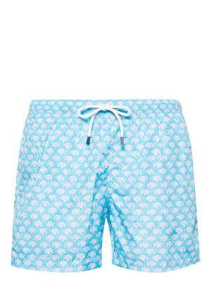 Fedeli Light Blue Swim Shorts With Pink Fish Pattern