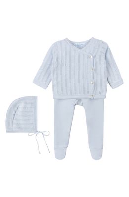 Feltman Brothers Pointelle Knit Cotton Bonnet, Wrap Sweater & Footed Leggings Set in Blue 