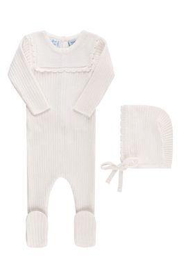 Feltman Brothers Ruffled Yoke Rib Footie & Bonnet Set in Ivory