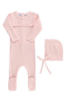 Feltman Brothers Ruffled Yoke Rib Footie & Bonnet Set in Pink 