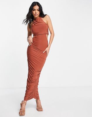 Femme Luxe halterneck ruching body-conscious midi dress in sand-Neutral