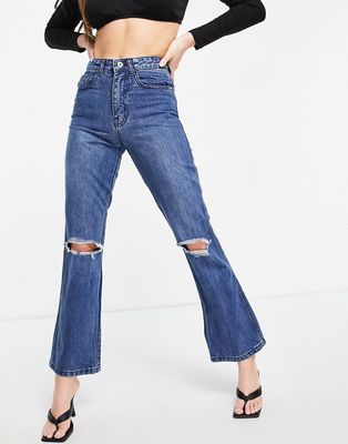 Femme Luxe high waist flares with busted knee in mid blue-Blues