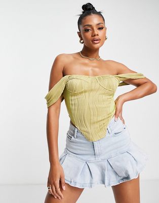 Femme Luxe off shoulder crinkle detail corset top in soft lime-Green
