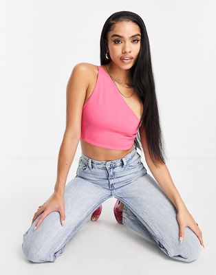 Femme Luxe one shoulder strappy back detail crop top in pink