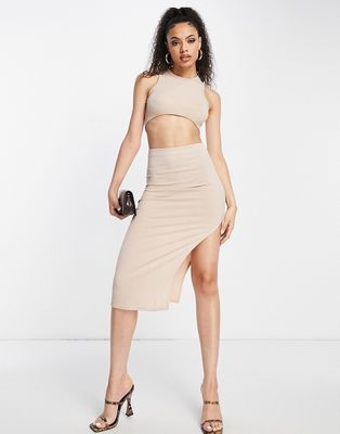 Femme Luxe racer front crop top in stone - part of a set-Neutral