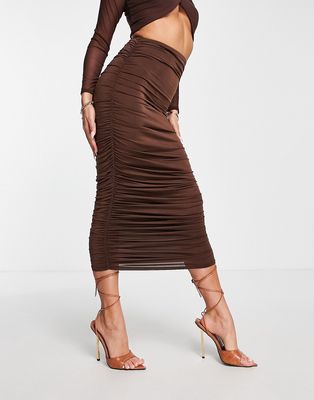 Femme Luxe ruched midi skirt in chocolate - part of a set-Brown