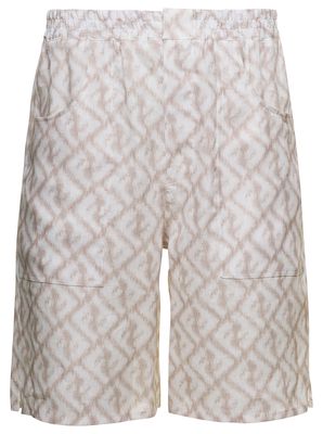 Fendi Beige And White Bermuda Shorts With Ikat-effect Diagonal Ff Motif Print In Linen Man