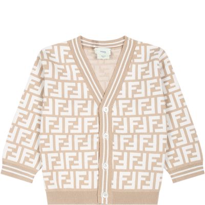 Fendi Beige Cardigan For Babykids With Iconic Ff