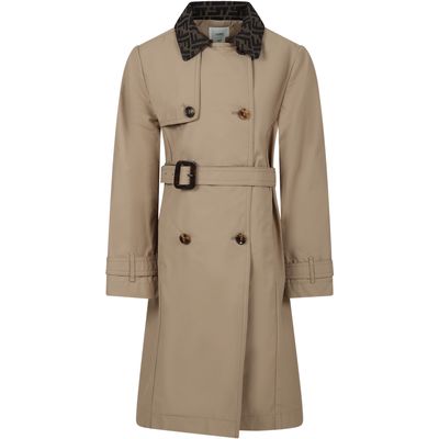 Fendi Beige Trench Coat For Girl With Ff Logo