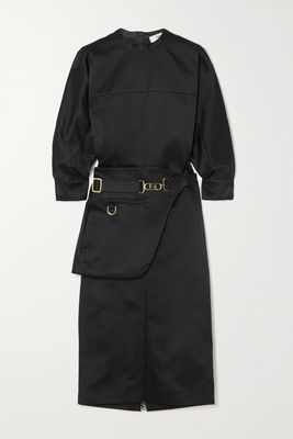 Fendi - Belted Paneled Silk-satin Midi Dress - Black