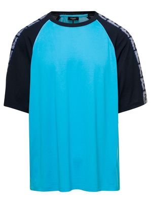 Fendi Bicolor T-shirt With Logo Stripe On The Sleeves Blue In Cotton Man