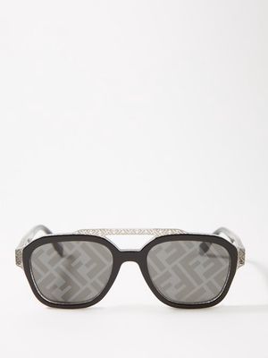 Fendi Eyewear - Ff-print Aviator Acetate Sunglasses - Mens - Grey Multi