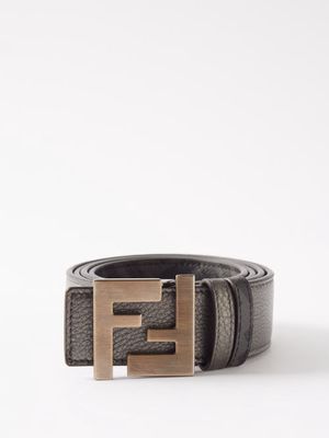 Fendi - Ff-logo Grained-leather Belt - Mens - Black Grey