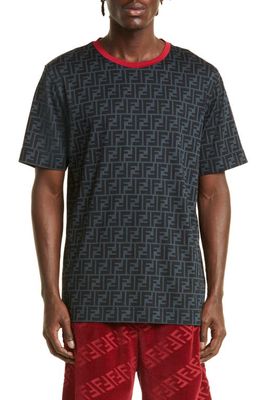 Fendi FF Logo Print Cotton T-Shirt in Anthracite/Rosso