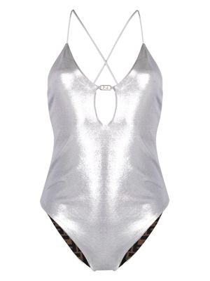 FENDI FF O’Lock-plaque swimsuit - Silver