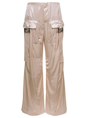 Fendi Ivory White Satin Cargo Pants With Ff Baguette Buckles In Viscose Woman