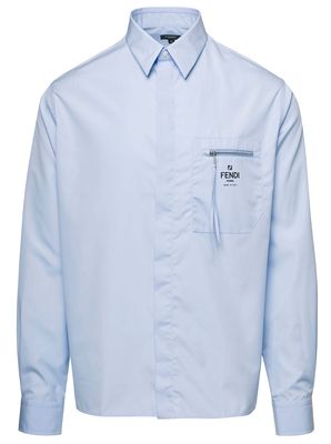 Fendi Light Blue Short Sleeved Shirt With Logo Print And Zip In Cotton Man