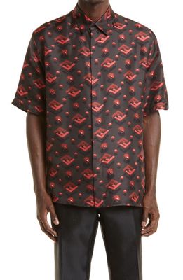 Fendi Oversize FF Diamond Motif Short Sleeve Silk Button-Up Shirt in Rubino