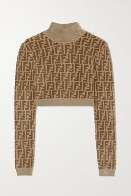 Fendi - Printed Stretch-velvet Cropped Turtleneck Sweater - Brown