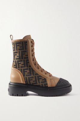 Fendi - Rubber-trimmed Leather And Canvas-jacquard Combat Boots - Brown