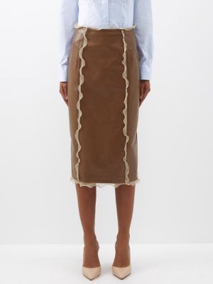 Fendi - Silk-ruffled Crackled-leather Pencil Skirt - Womens - Light Brown