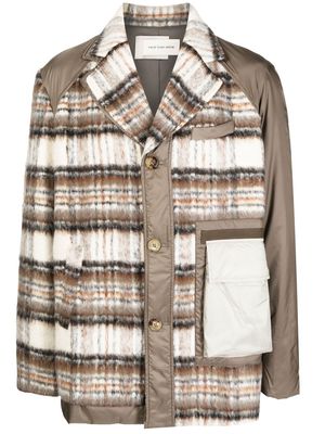 Feng Chen Wang plaid panelled button-up coat - Brown