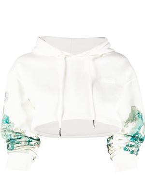 Feng Chen Wang wave-print cropped hoodie - WHITE GREEN
