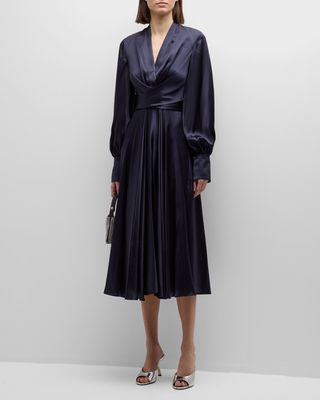 Fern Pleated Silk Midi Wrap Dress