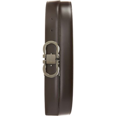 FERRAGAMO Double Gancio Calfskin Leather Belt in Hickory Nero at Nordstrom, Size 100 Eu