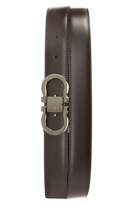 FERRAGAMO Double Gancio Calfskin Leather Belt in Hickory Nero