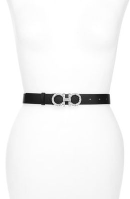 FERRAGAMO Double Gancio Crystal Buckle Leather Belt in Nero at Nordstrom, Size 95