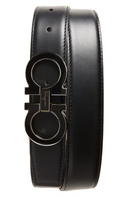 FERRAGAMO Double Gancio Leather Belt in Black
