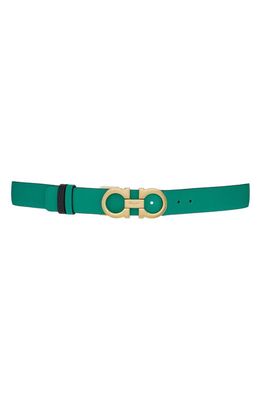 FERRAGAMO Double Gancio Leather Belt in Smeraldo /Nero
