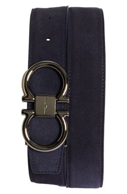 FERRAGAMO Double Gancio Suede Belt in Navy