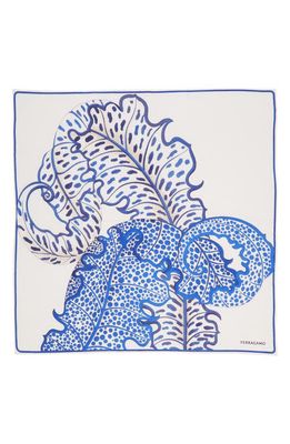 FERRAGAMO Foliage Print Square Silk Scarf in Avorio/Blue/Bianco