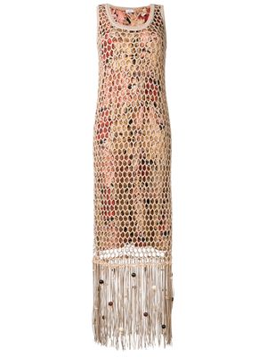Ferragamo fringed mesh overlay dress - Neutrals
