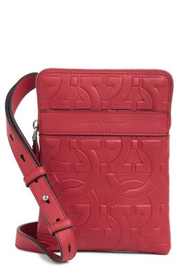 FERRAGAMO Gancini Embossed Leather Travel Crossbody Bag in Red/Nero