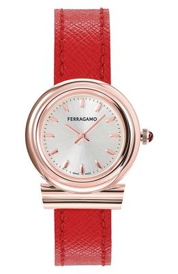 FERRAGAMO Gancini Leather Strap Watch, 28mm in Ip Rose Gold at Nordstrom