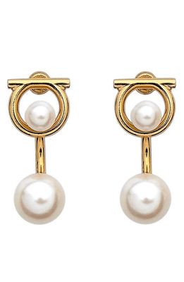 FERRAGAMO Gancio Imitation Pearl Drop Earrings in Gold /Pearl