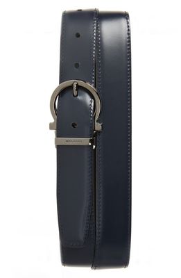 FERRAGAMO Gancio Leather Belt in Nero Blue Marine