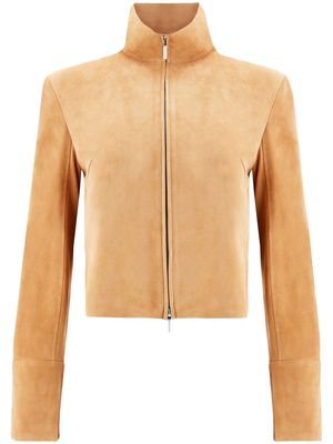 Ferragamo high-neck zip-up suede jacket - Neutrals